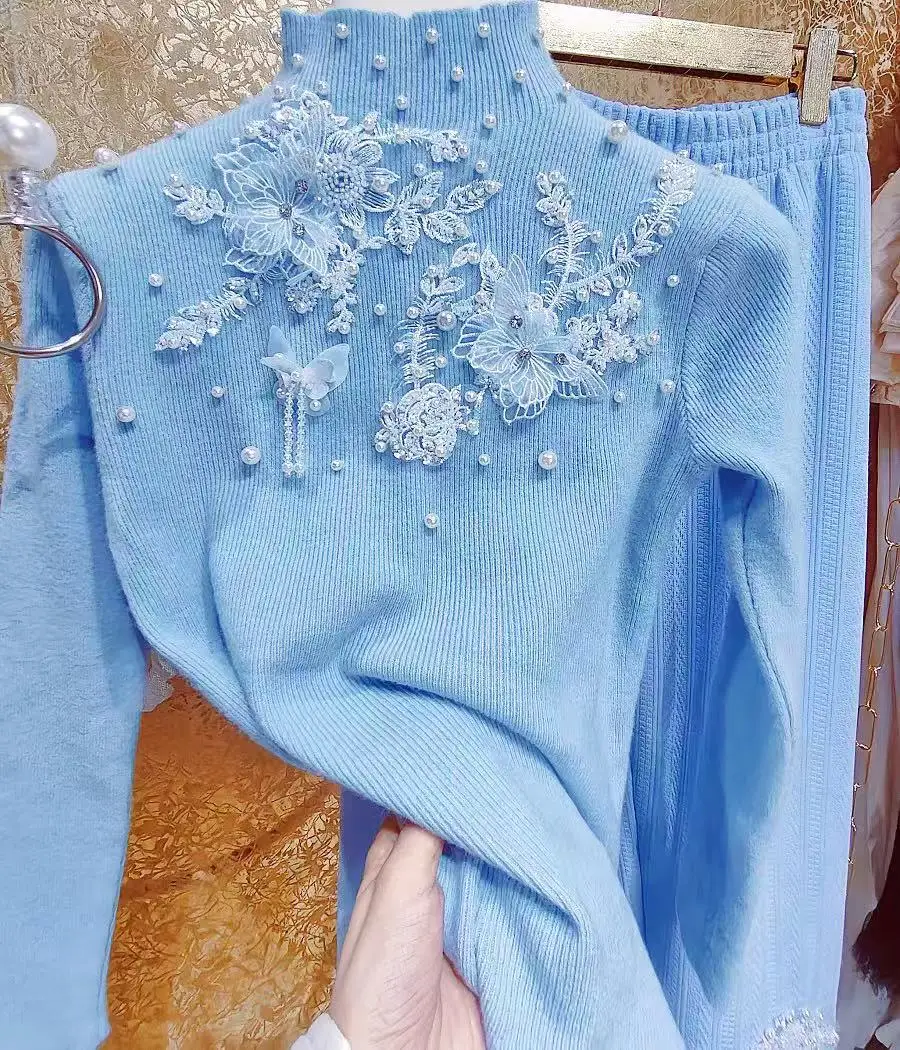 Pull coupe couvertes pour femme, pulls à fond, point de fleurs, perles de poires, tricots d'automne et d'hiver, style de luxe