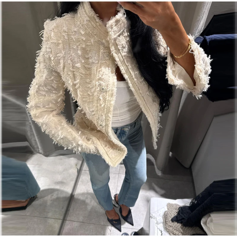 Damenmäntel mit Quasten, Rollkragen, Langarm, Einreihig, Tailliert, Frühlings- und Herbstjacken, Neuer Tweed-Mantel für Damen – Detail 11