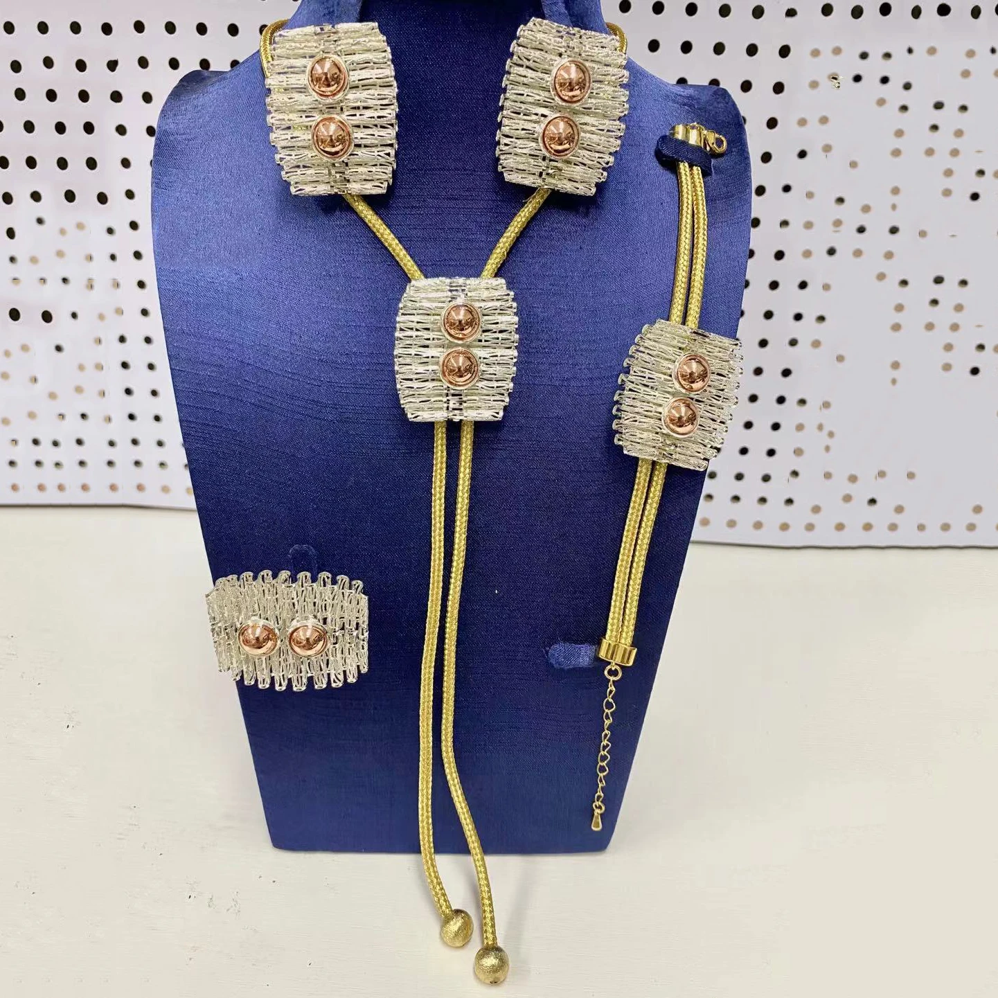 New 24K Gold Plated 4PCS Statement Jewelry Set Lariat Necklace Drop Earrings Bracelet & Ring for Women Bridal & Party Occasions