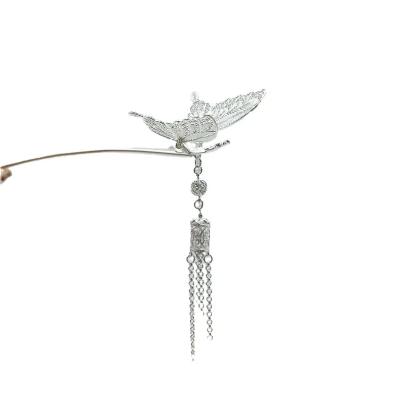 

99 foot silver smart Guochao filigree butterfly walking hairpin ancient style straight rod fringed hairpin Hanfu pan head