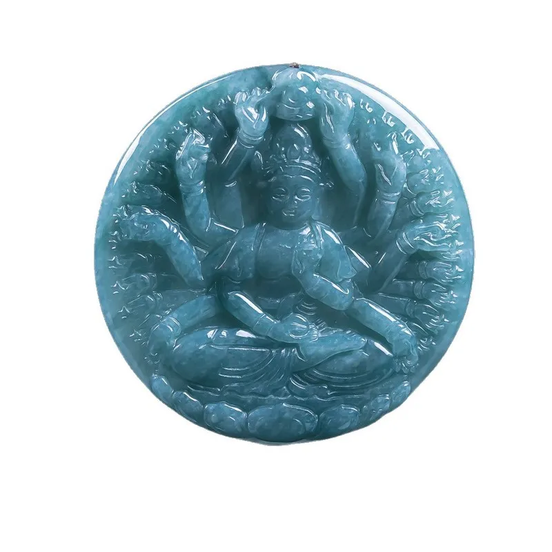 Natural Grade A Jadeite Blue Water Thousand-Hand Guanyin Jade Pendant, High-End Unisex Authentic Jewelry