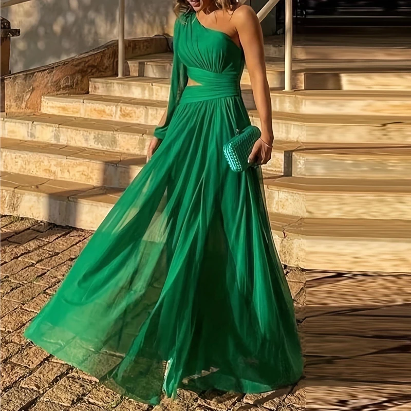 2023 Sexy Diagonal Neck High Waist Mesh Dress Fashion One Shoulder Sleeve Hollow Evening Dress Green Elegant Backless Long Dress