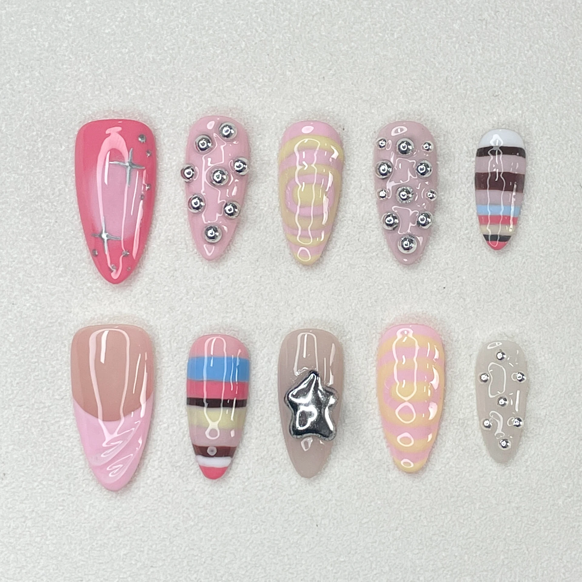 

New Handmade Cute Girly Style Nail Art 3D Pink Gloss Almond Length Press on Nails Rainbow Color Mosaic Hand Painted Collection