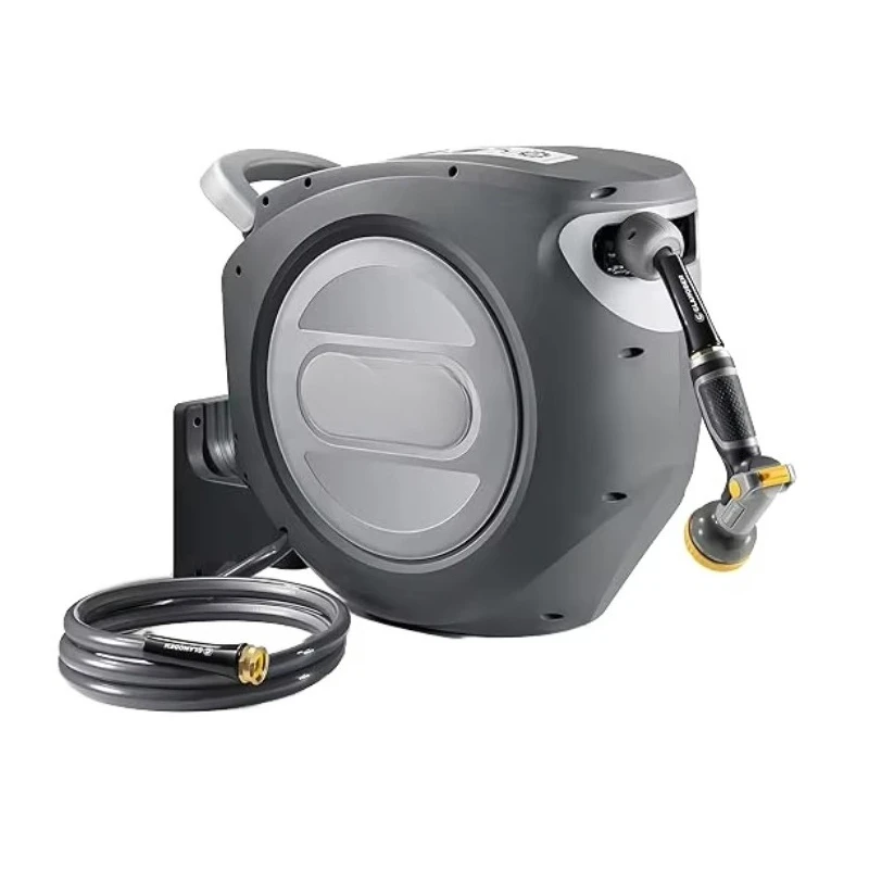 Retractable Water Hose Reel 5/8 100 ft Wall-Mounted High Pressure PVC Garden Lock 180 Swivel Bracket 9 Functions CNS Standard