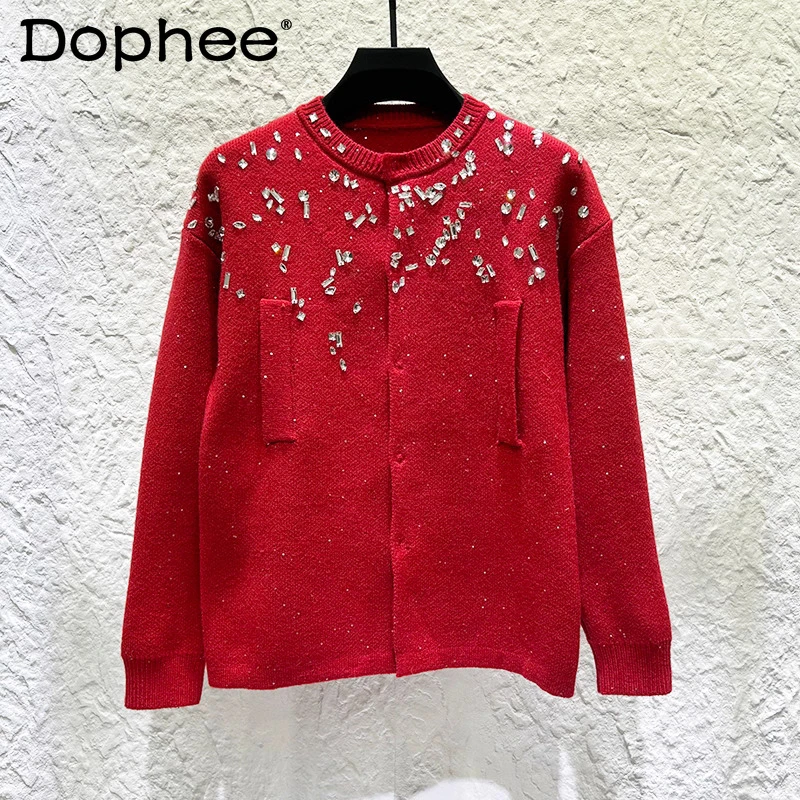 

2025 Men's New Solid Color Knitted Cardigan Men's Fashion Tops Embroidery Rhinestone Light Luxury Small Fragrant Sweater Jackets