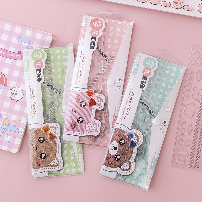 1set Kawaii Cartoon Straight Triangle Ruler Protractor Drafting Drawing Student School Office Exm Supplies