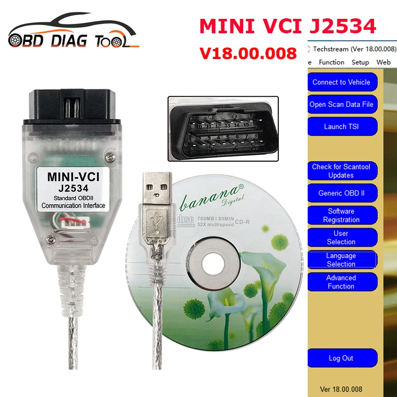 Newest Mini VCI For Toyota V18.00.008/V17.30.011 Techstream Car Scanner OBD2 Cable MINI-VCI J2534 FT232RL Auto Diagnostic Cables