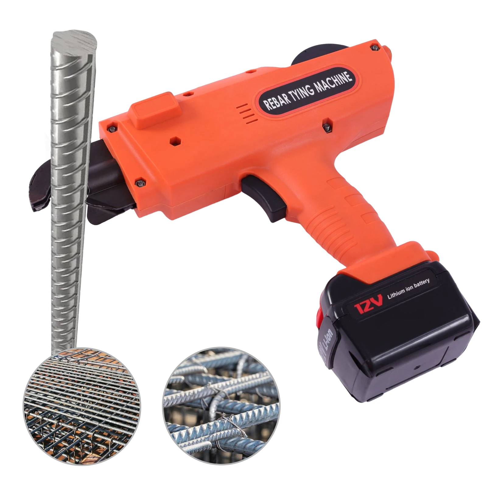 Elektrische Baubindemaschine, tragbares, automatisches, handgeführtes Werkzeug zum Binden von Bewehrungsstahl, geeignet für 6–25 mm, orange, für den Einsatz auf Baustellen, in Eisenbahnbetrieben, im Bergbau, auf Bauernhöfen, für Gartenzäune und unterbodenverlegte Rohrleitungen. – Detail 6