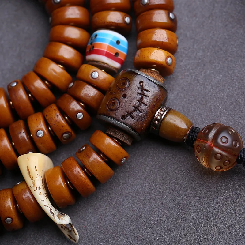 Hand-Held 108-Bead Buddhist Necklace Made Of Yak Bone Copper Inlay, With A-Dai Three-Way Glass Beads As Accessories