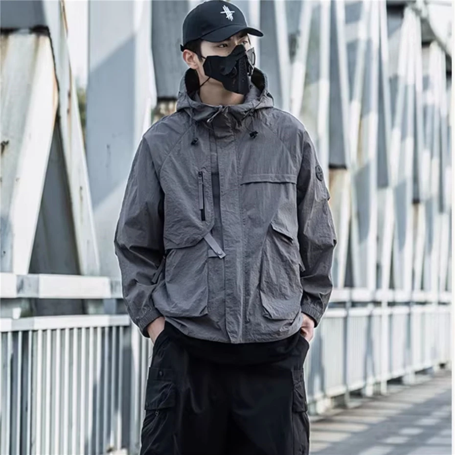

Summer Sunscreen Clothing Jacket Streetwear Hip Hop Function Hooded Coat Oversized Harajuku Big Pocket Thin Casual Jacket Unisex