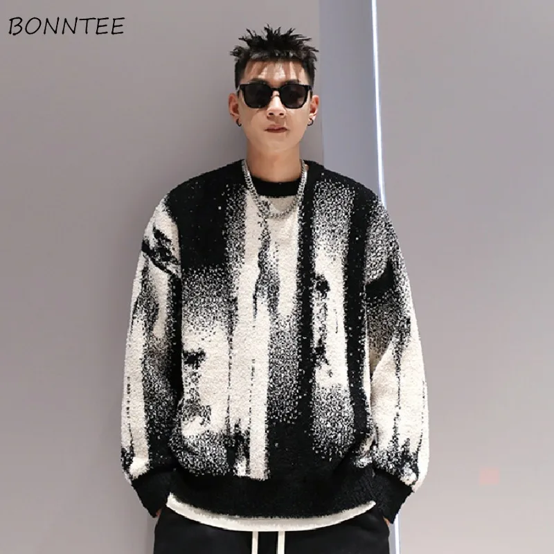 

Пуловеры мужские, шикарные, осенне-зимние, свободные, с круглым вырезом, с градиентом, модные, индивидуальные, новый дизайн, универсальные, теплые, вязаные, для студентов, крутые