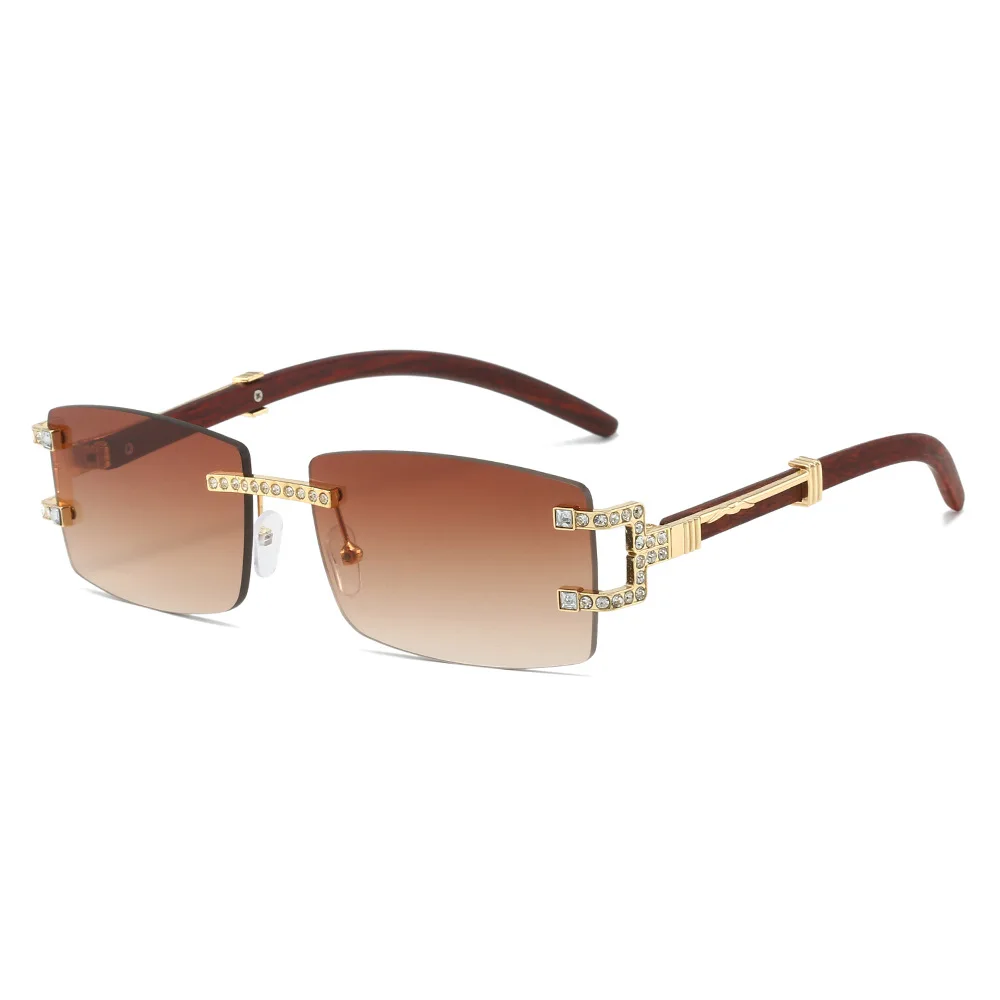 Occhiali da sole rettangolari con diamanti senza montatura piccoli occhiali da sole da donna in cristallo con venature del legno per uomo Shades Luxury Female Oculos UV400