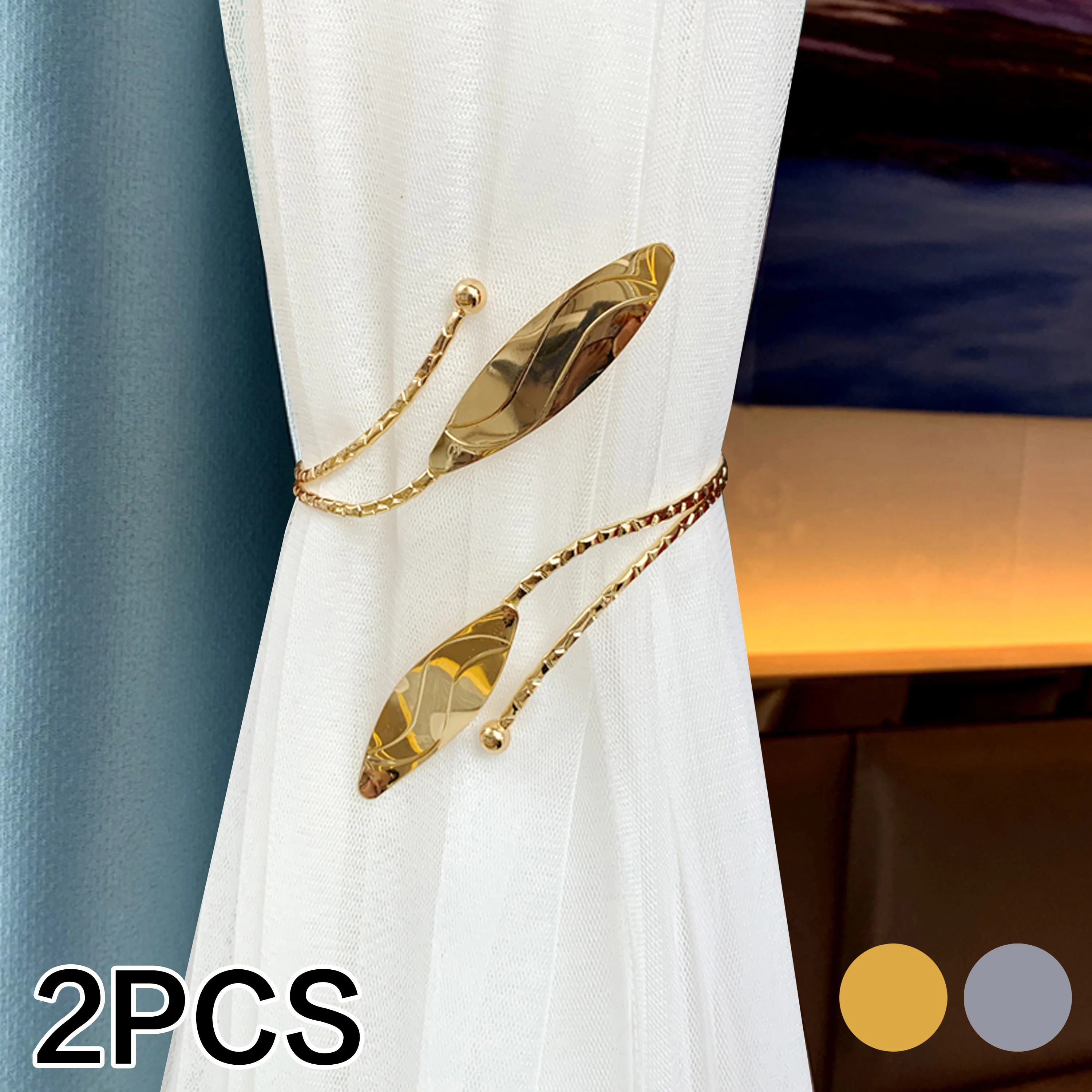 2 Stück moderne minimalistische Metall Gold/Silber dekorative Blatt-Vorhang-Raffhalter, für Schlafzimmer, Wohnzimmer-Vorhänge