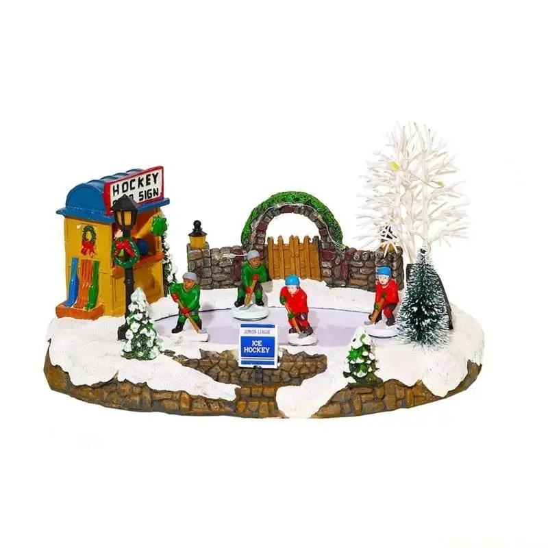 QX2E LED Snow Scene Village Ice Hockey Tabletop Ornament Decors New Year Resin Crafts
