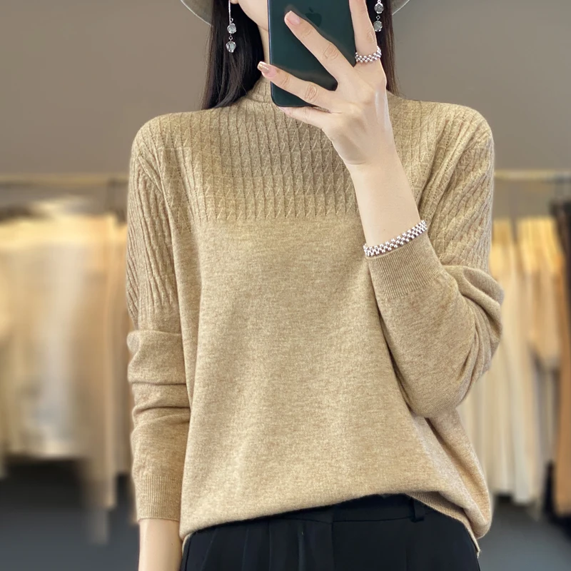 Fall/Winter 2023 new women's sweater, warm cashmere sweater, loose plus-size top, semi-turtleneck knit bottom shirt