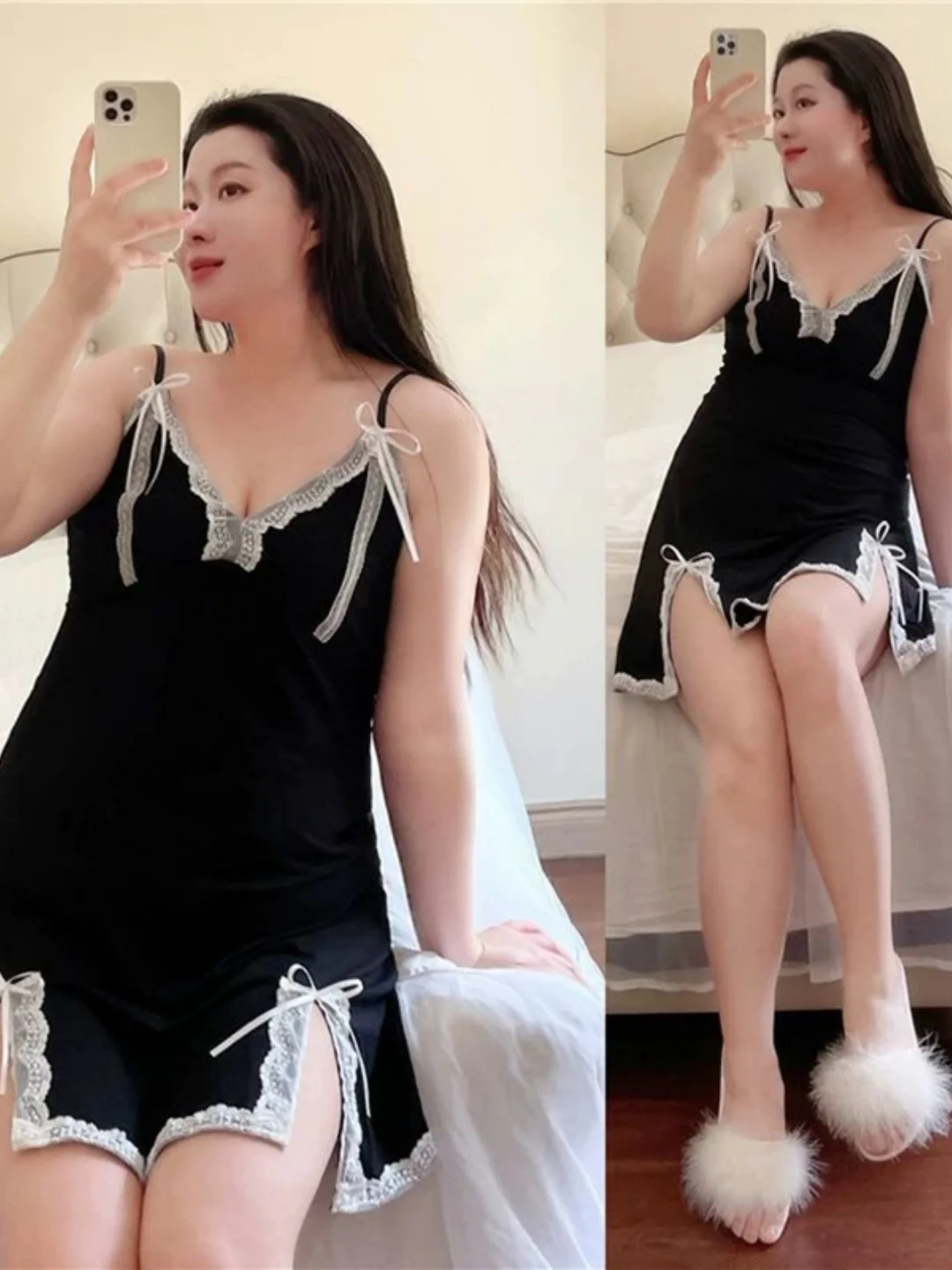 

Sweet V-Neck Lace Patchwork Chemise Nightgown Summer Anti-Aging Flounce Split Home Skirt Large Size 300 Pounds Short Sleevele...