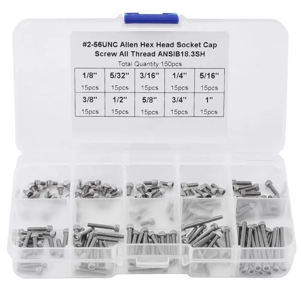 

150PCS 9 Sizes Hex Socket Cap Head Wood Screws Assortment Set with Plastic Box 2-56 UNC