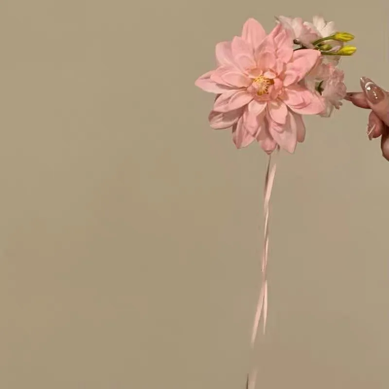 

Original Spring Peach Pink Mist Super Immortal Forest Style Beautiful Hair Clip Pink Flower Ribbon Side Clip Headpiece