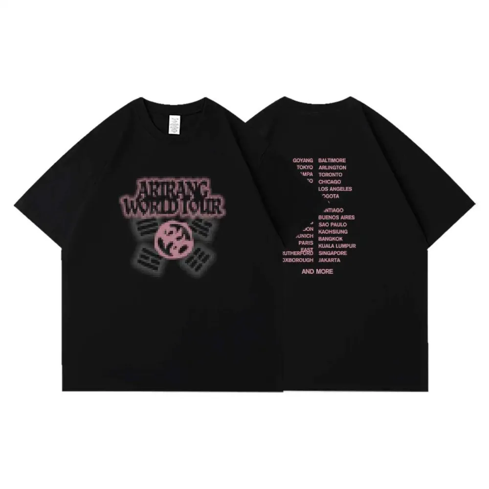 World Tour Vintage T-Shirt Korean Traditional Symbol Graphic Tee Double Sided Print Oversized Cotton Tshirt for K-Culture Fans