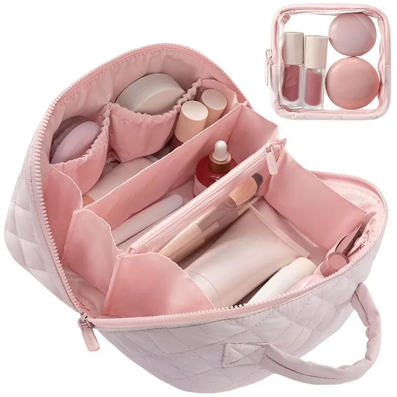 2Pcs Travel Cosmetic Bag Makeup Organizer Set Large Capacity 180 Degree Flat Lay Waterproof Nylon Toiletry Bag Portable Storage