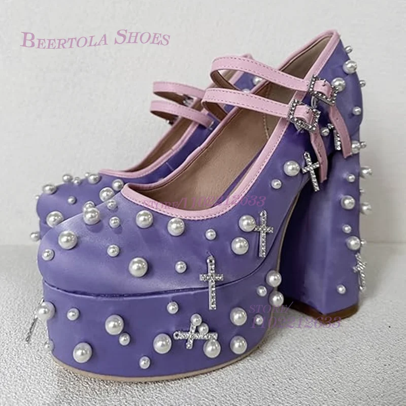 Purple Water Platform Pearl Embroidery Platform Heels Girls Round Head Chunky Sandals Buckle Crystal Women Dress Party Cute Shoe