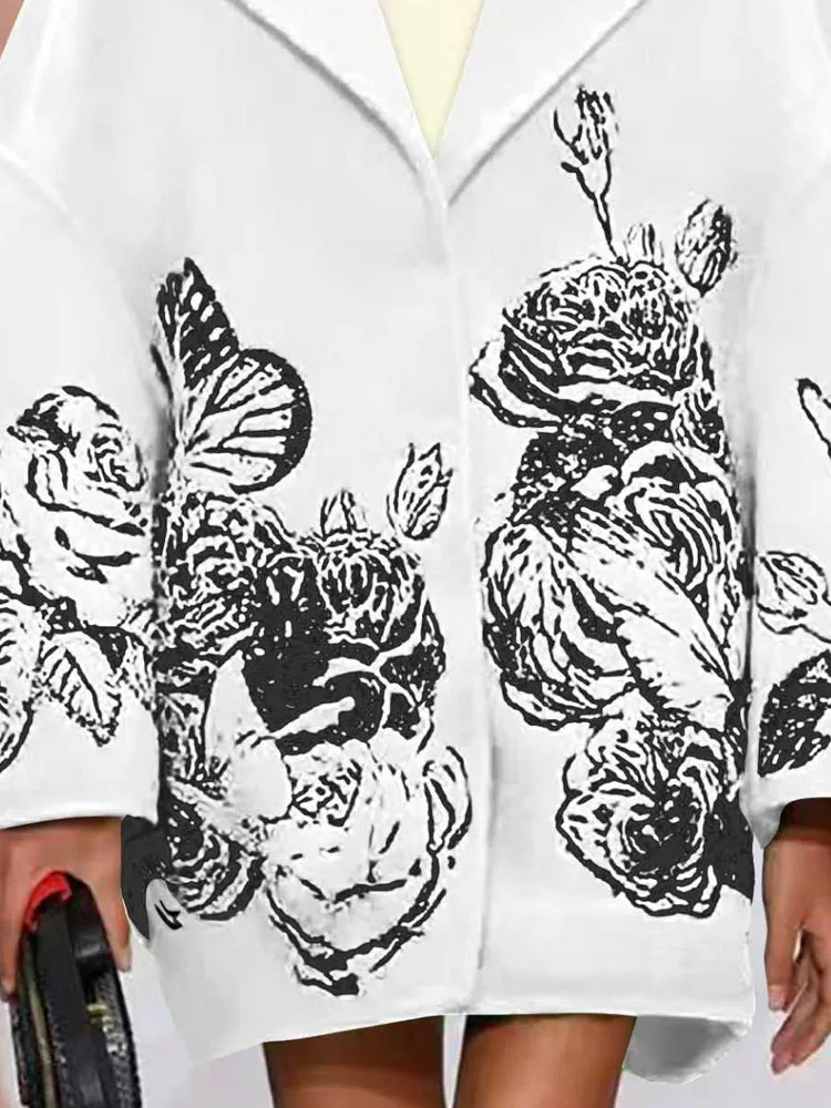 

Осенние модные шерстяные куртки с длинными рукавами и лацканами, зимнее элегантное пальто миди с принтом, 2025 г., женское повседневное свободное пальто на пуговицах