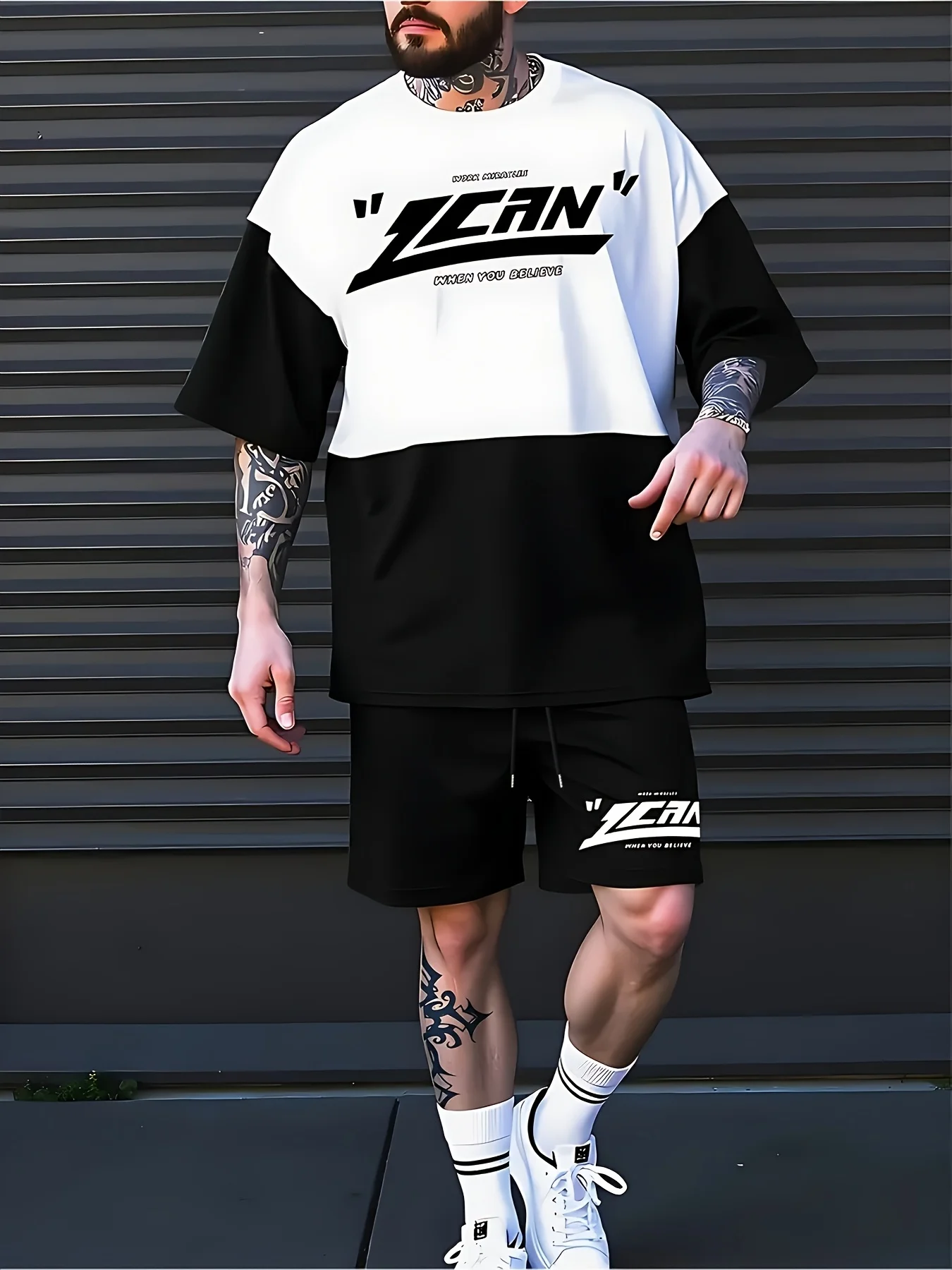 

Summer 2025 Men's Polyester New Wear, Casual Sportswear Sets, 3D Digital Printed Color Blocks, Short Sleeves, Shorts