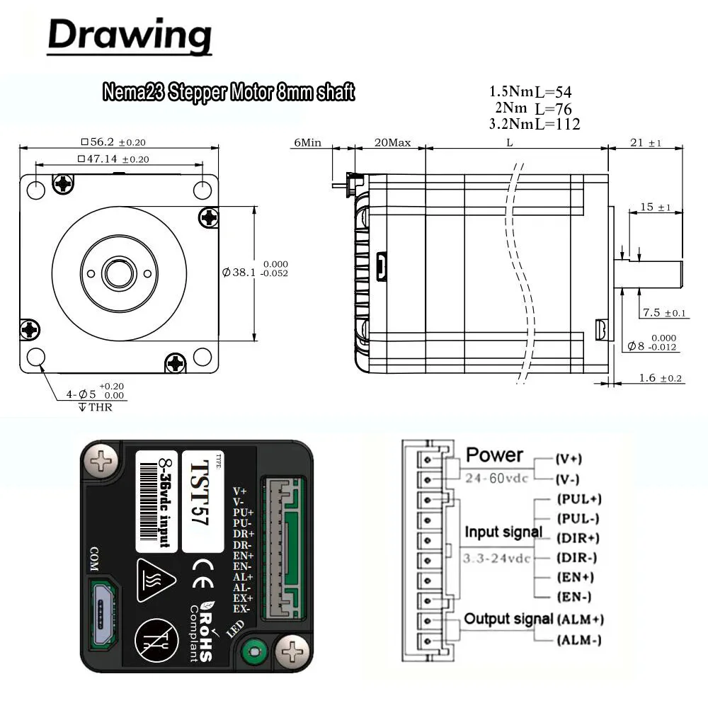Nema23 57 폐쇄 루프 스테퍼 모터 드라이브 올인원 인코더 하이브리드 8mm 샤프트 57mm 간편한 서보 모터 1000 라인 인코더 DC24-48V