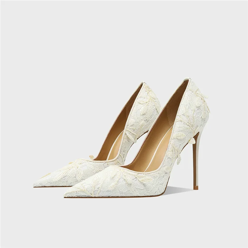 Autumn new pointed shallow mouth lace pearl sequins fine heels wedding shoes banquet dress versatile high heels women's shoes