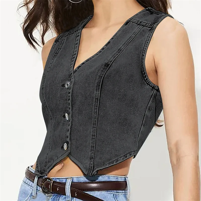 GuliriFei Women Denim Vest Sleeveless V Neck Buttons Up Mini Vest Solid Outwear Gilet for Slim Fit Casual Tank Streetwear 2025