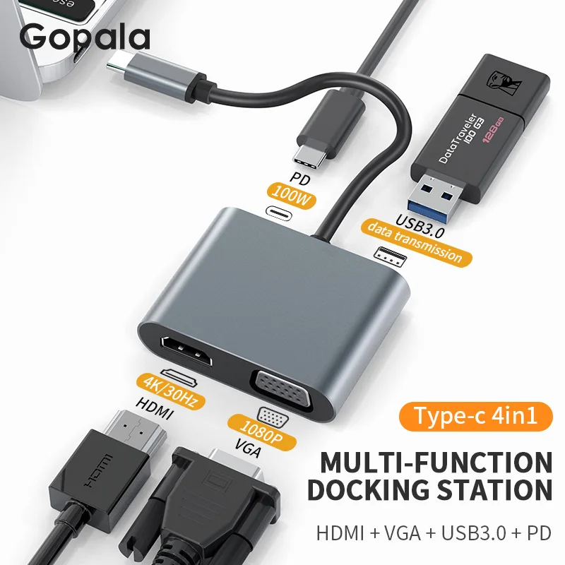 4-in-1 Type C Adapter Hub To HDTV VGA USB 3.0 Digital AV Multiport Adapter With TYPE-C PD Charging Port Compatible