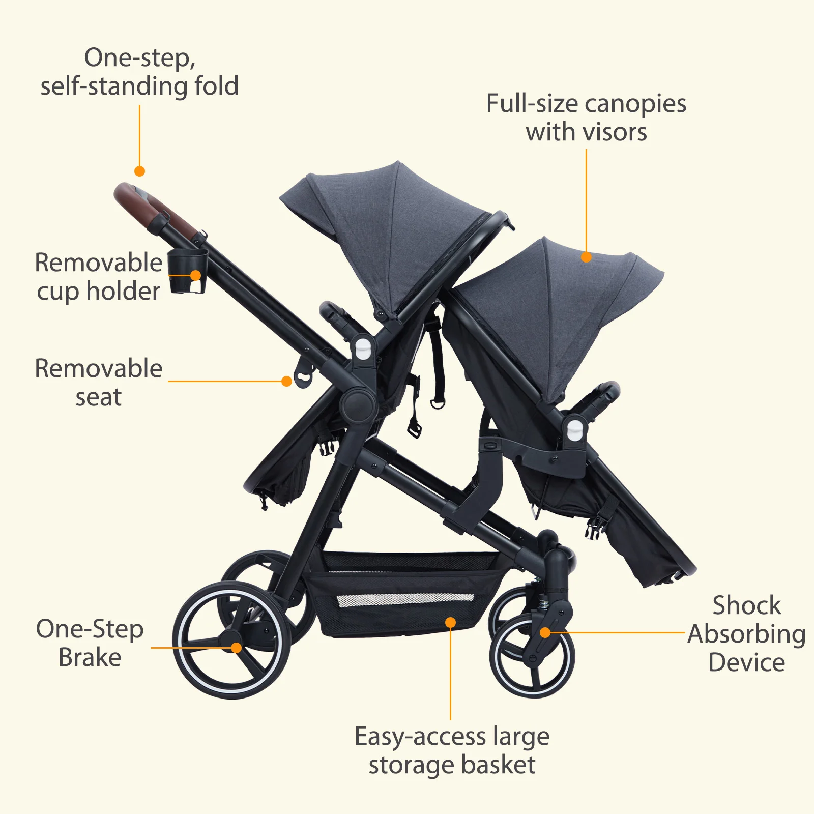 Double Track Tandem Stroller, Foldable Bassinet Pram for Infant and Toddler, Reversible Pushchair, Adjustable Backrest & Canopy