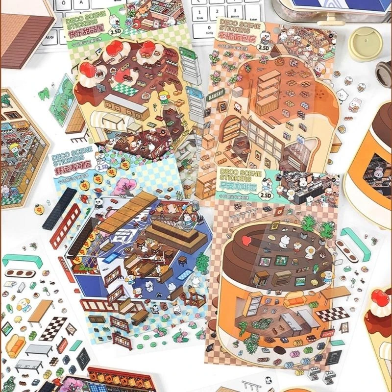 DXAB Cartoon Cake Shop Landscape Sticker 2,5D Сцена наклейка DIY Сцена Make Sticker