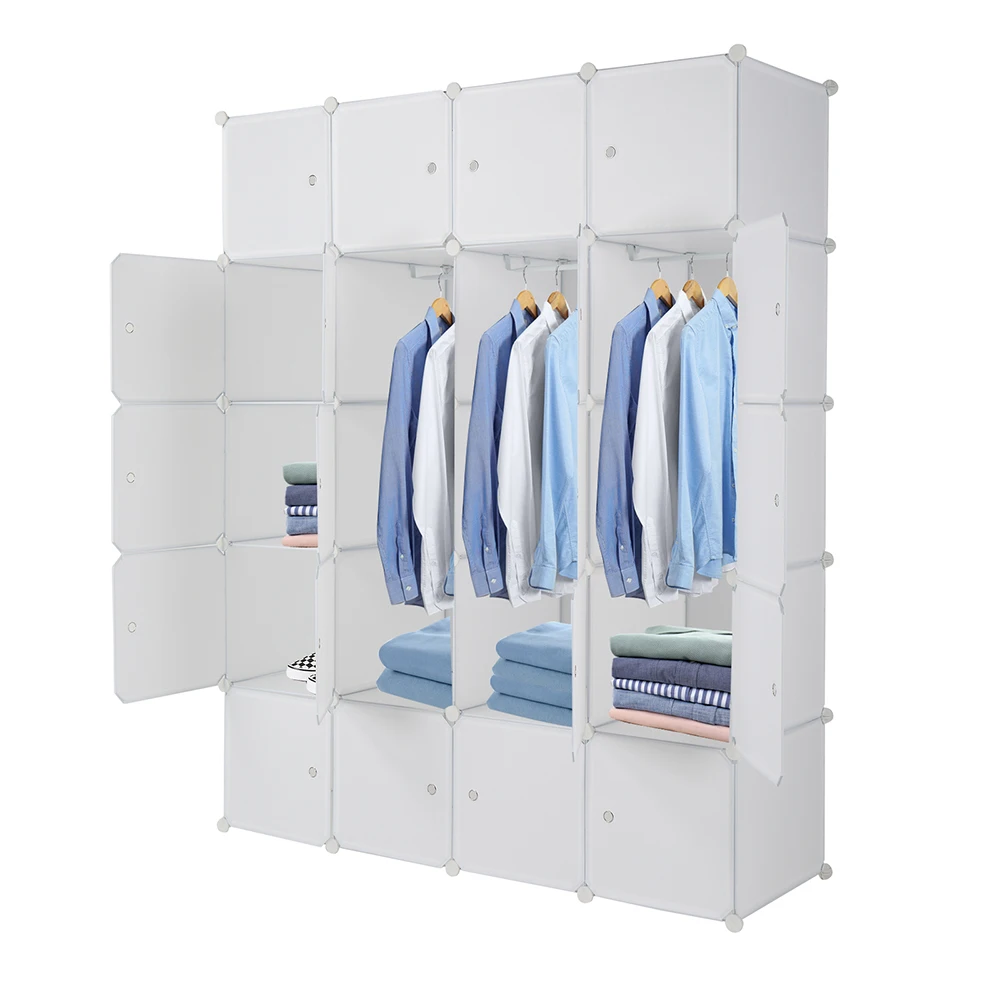 20 Cube Organizer Stackable Plastic Cube Storage Shelves Design Multifunctional Modular Closet Cabinet with Hanging Rod White