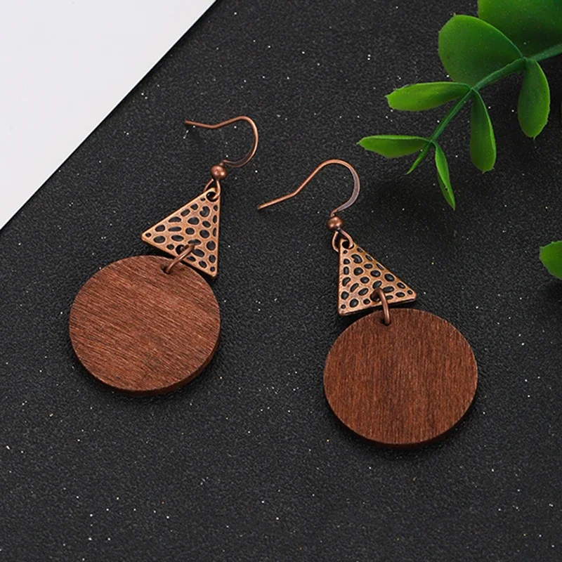 Ethnic Women's Natural Wooden Drop Earrings Vintage Geometric Round Triangle Wood Dangle Earrings Jewelry for Female Gift view 6