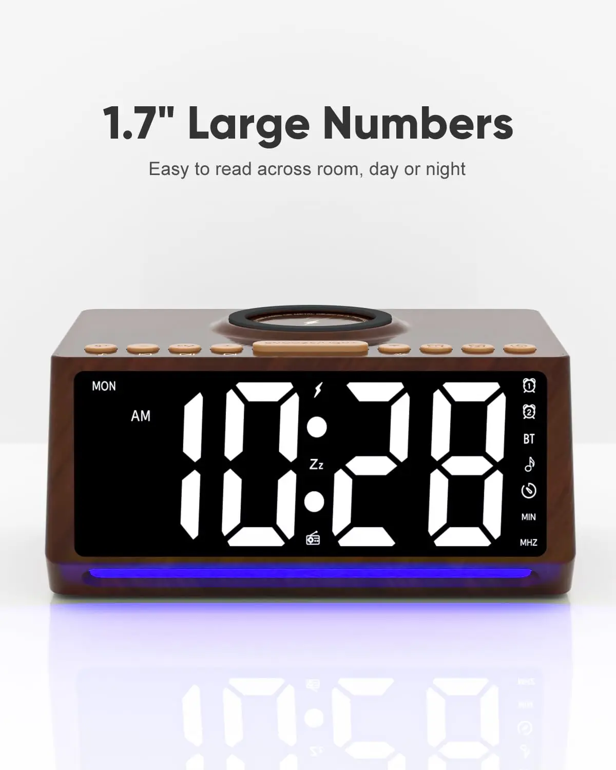 Retro Wooden Digital Alarm Clock Large Display with FM Radio, Bluetooth Speaker, Wireless Charger Station for cell phone