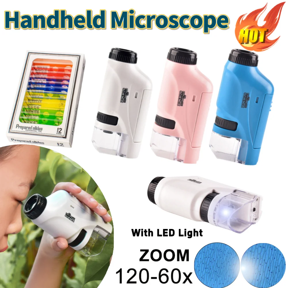

Handheld Microscope Kit Lab LED Light 60X-120X Lab Mini Handheld Educational Microscope With LED Light Kids Children Science