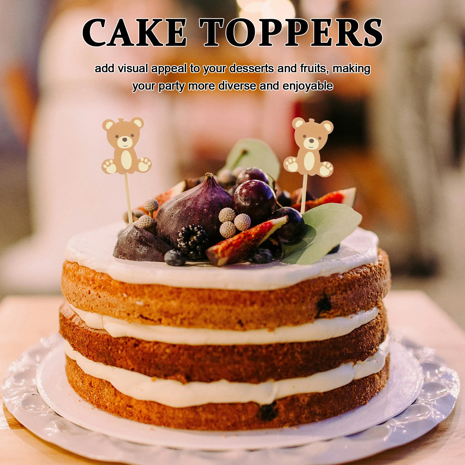 

50Pcs Bear Cake Inserts Adorable Animal Toppers for Birthday Shower Cupcake Decoration Food Garnish Sticks