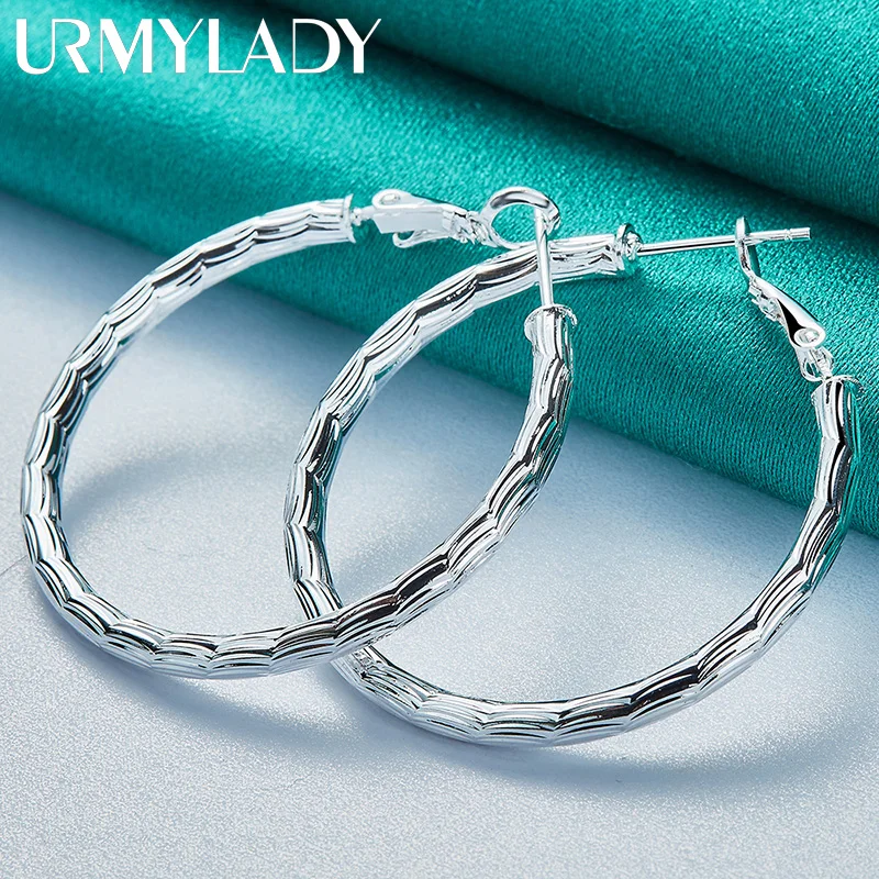 URMYLADY 925 Sterling Silver Water Pattern Round Ring Earrings Ear Loops for Women Wedding Fashion Engagement Charm Jewelry