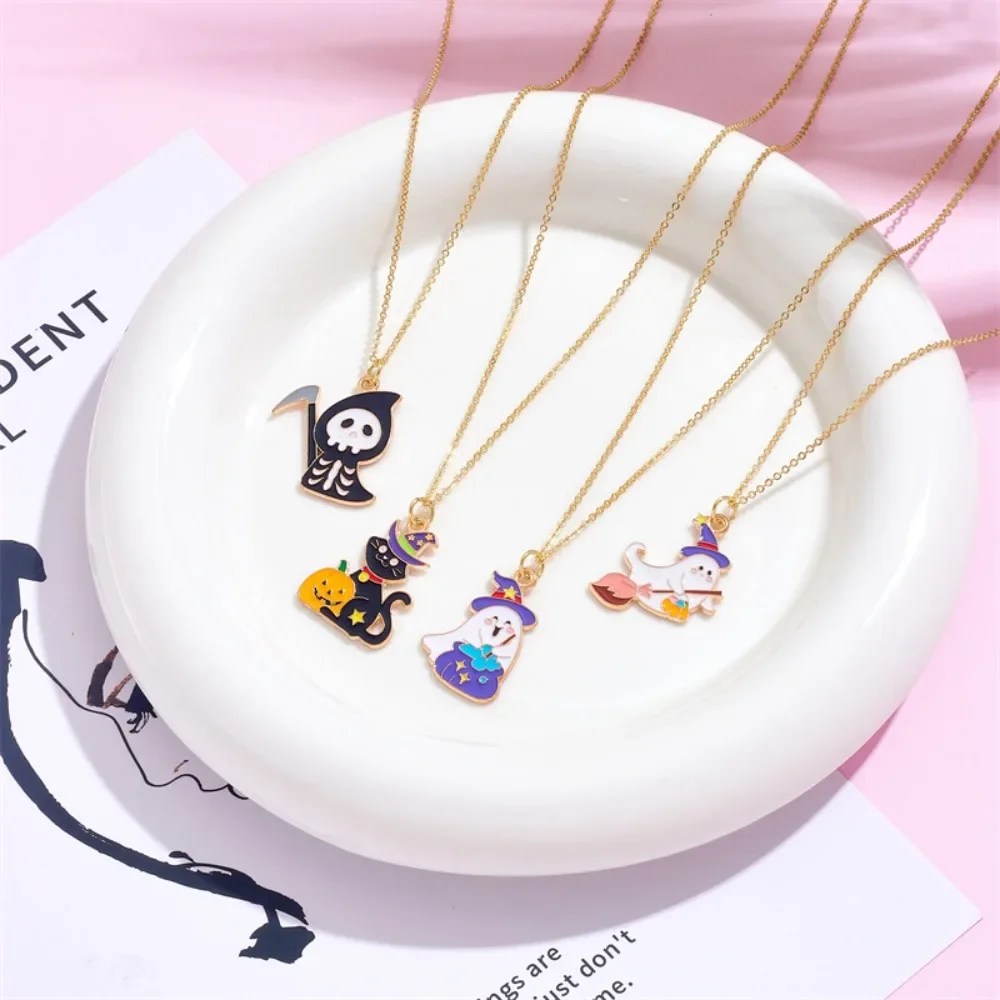 Spooky Halloween Necklace Ghost Black Cat Reaper Charm Pendant DIY Kawaii Alloy Jewelry Gift Boys Girls Costume Party Accessory