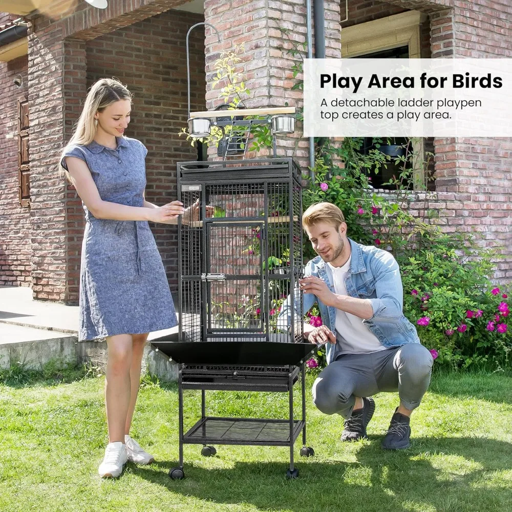 72 Inch Wrought Iron Large Bird Cage with Play Top and Stand for Parrots Lovebird Cockatiel Parakeets Black