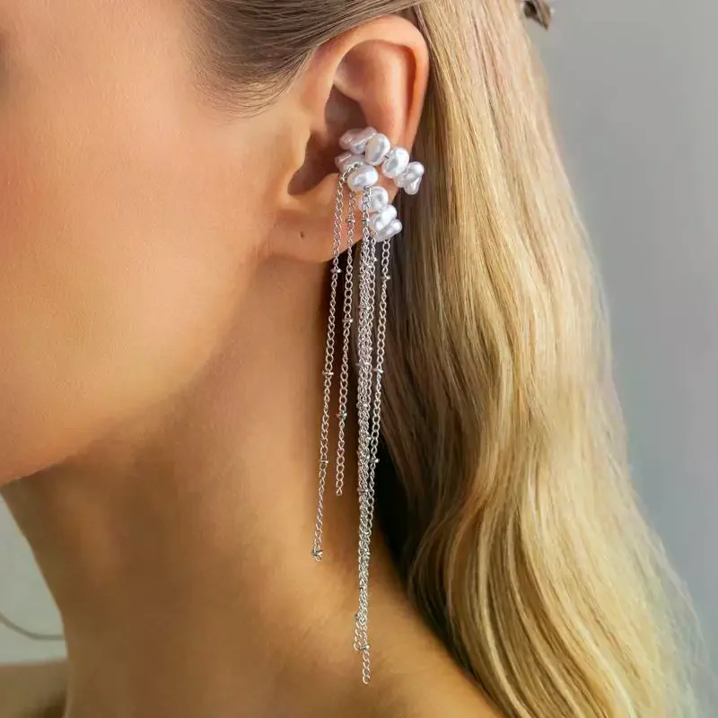 1/2Pcs Fashionably Simple Pearl Long Tassel Ear Cuff Ear Bone Clip Without Ear Hole For Women Fashion Statement Earrings Jewelry