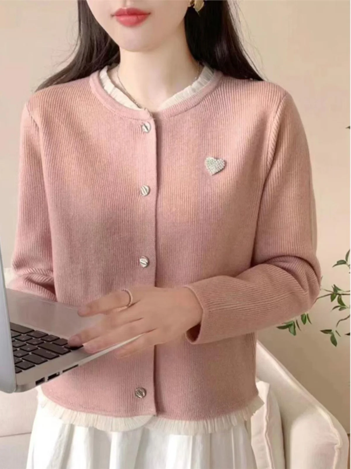 

Ele Knitted Sweater Coat for Women with Lace Collar Loose Fit Spring 2025 New Sle Long Sve round Ne Top