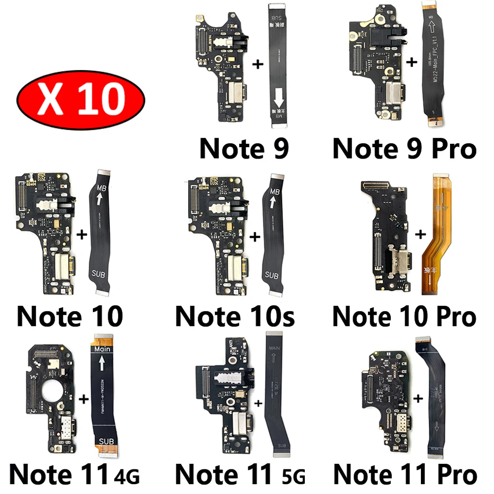 

10Pcs USB Charging Board Port Connector Main Mainboard Flex Cable For Xiaomi Redmi Note 7 8 8T 9 9s 10 10s 11 Pro 4G 5G