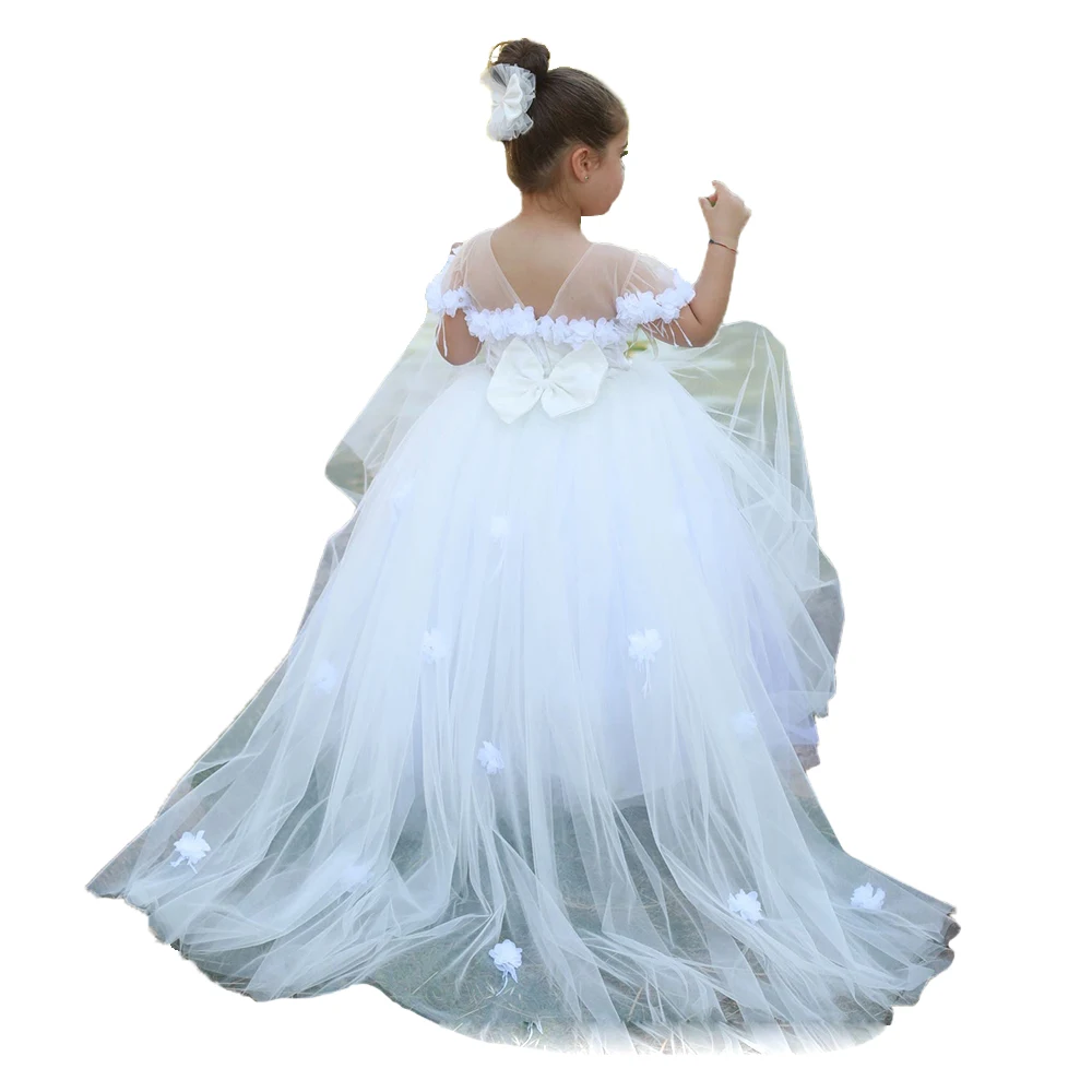 

White Flower Girl Dresses With Bowknot Illusion Sheer Appliqued Tulle Pageant First Communion Dress Ball Gown Party Gowns