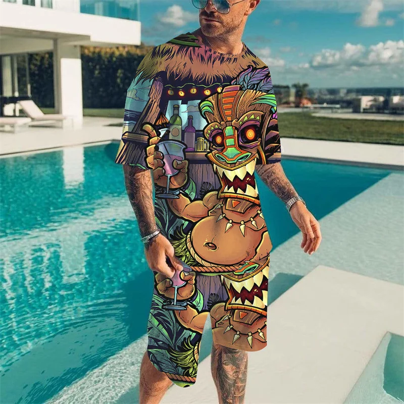 

Summer Tribal Printed Men's T-shirt Set Round Neck T-shirts 2 Piece Hawaiian Beach Quick Drying Short Sleeve Set Fashion Men Top