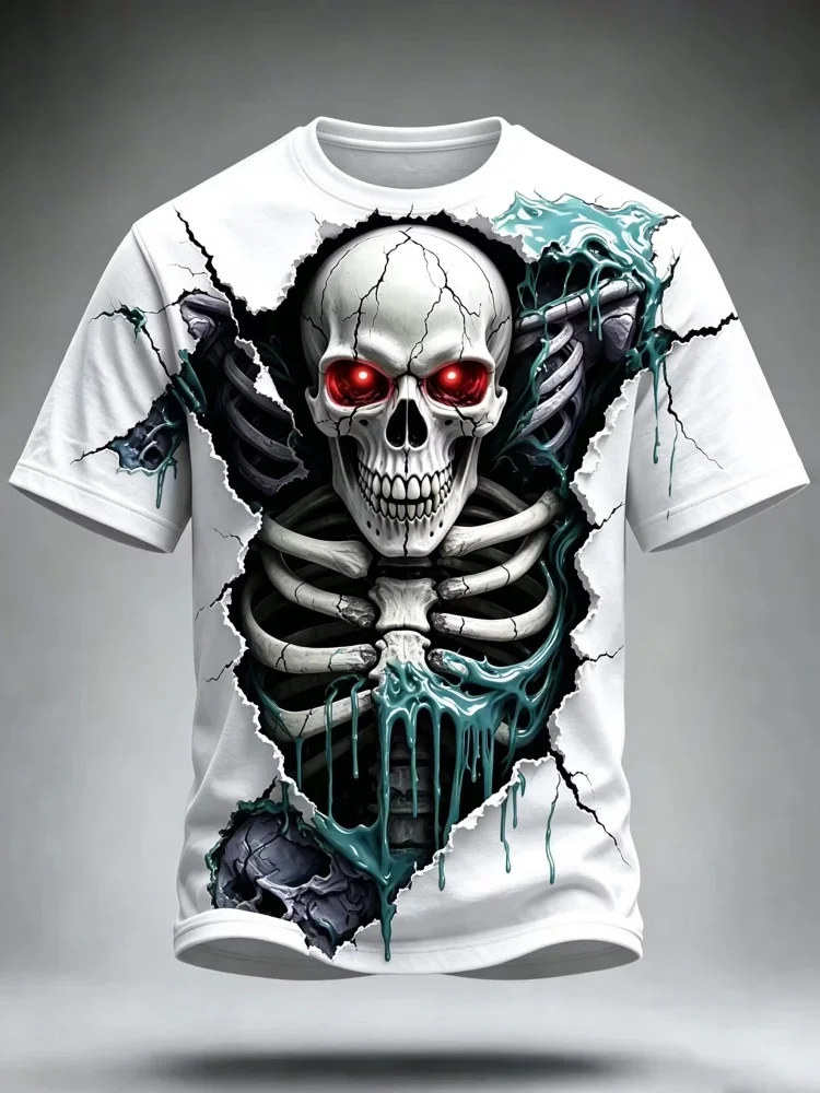 Men 3D Tear‑Through Skeleton Skull Print T‑Shirt Glowing Red Eyes Slime Drip Pattern O‑Neck Short Sleeve Streetwear Tee Tops