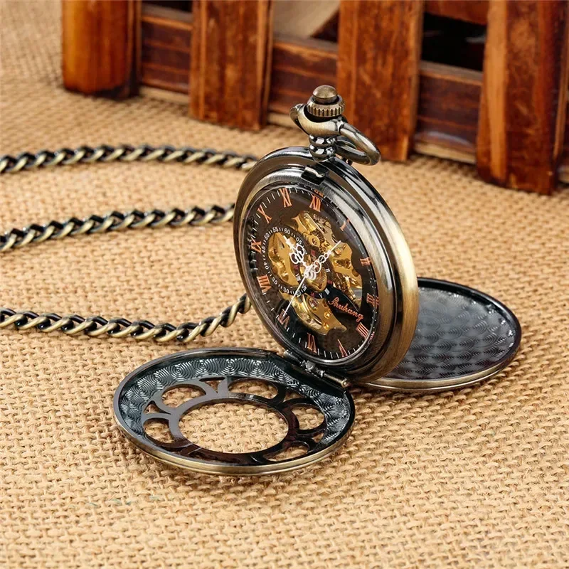 Vintage Style Pocket Watch Hollow Out Case Men's Handwinding Mechanical Watches Roman Numeral FOB Pendant Chain Timepiece Gift