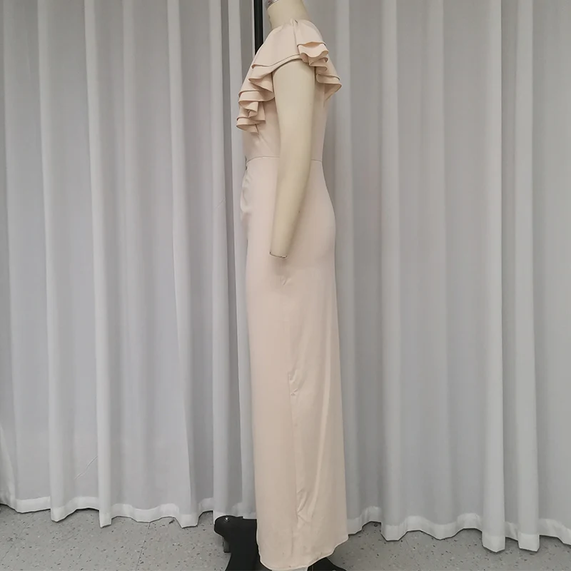 Ellfads maxi kleid frauen sommer elegant solide eine schulter unregelmäßig aushöhlen gekräuselt taille plissiert schlitz lange kleider