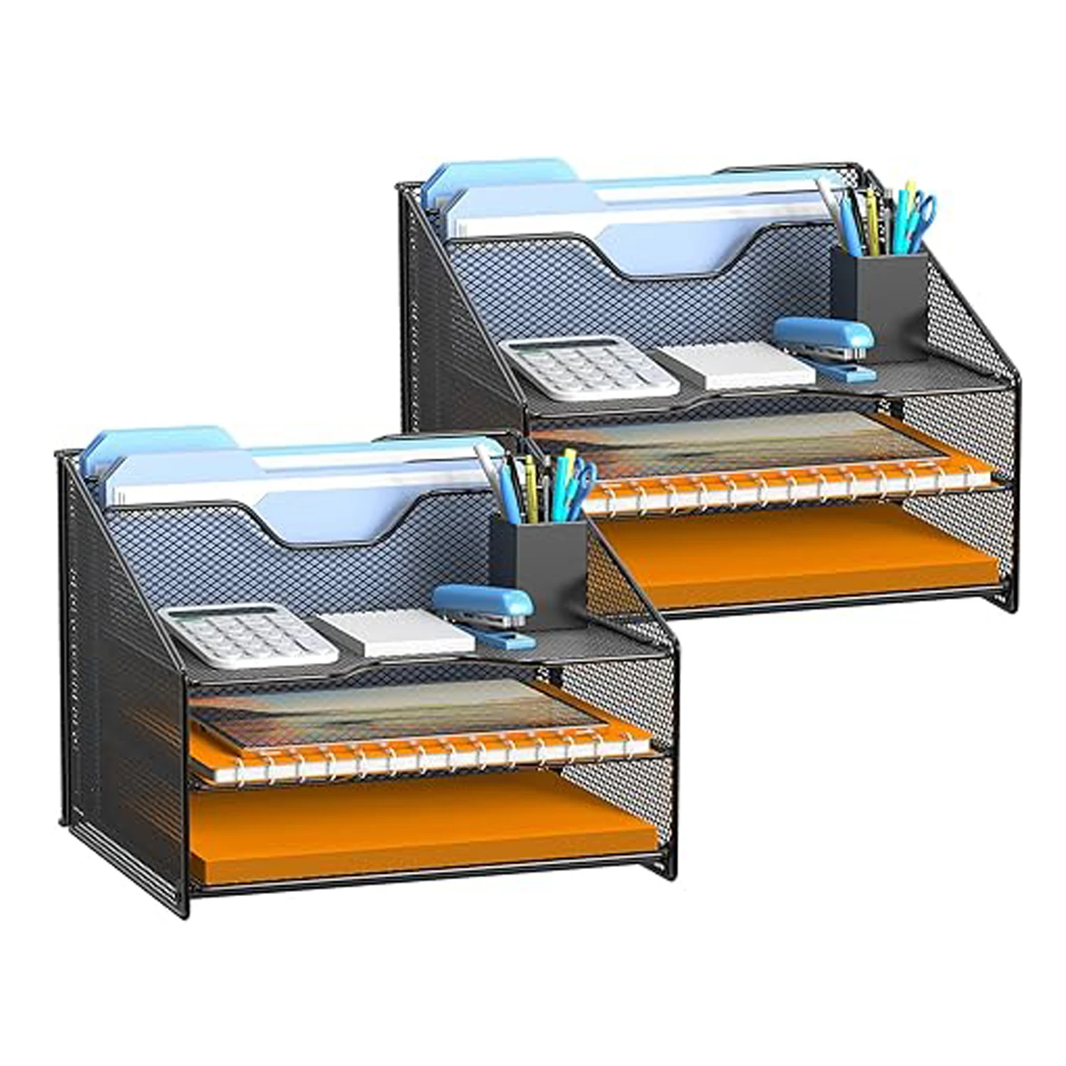 

Makeasy 2 Pack Mesh Desk File Organizer Letter Tray Holder, Desktop File Folder Holder with 3 Paper Trays and 2 Vertical Upright